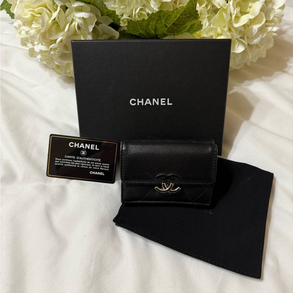 CHANEL Black Matelasse Half COCO Trifold Wallet