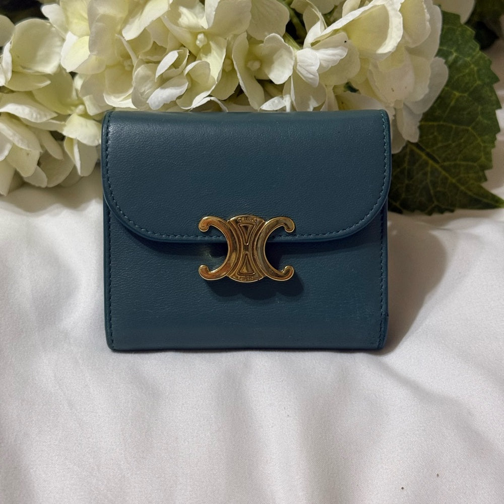 Celine Teal Triomphe Leather Trifold Wallet