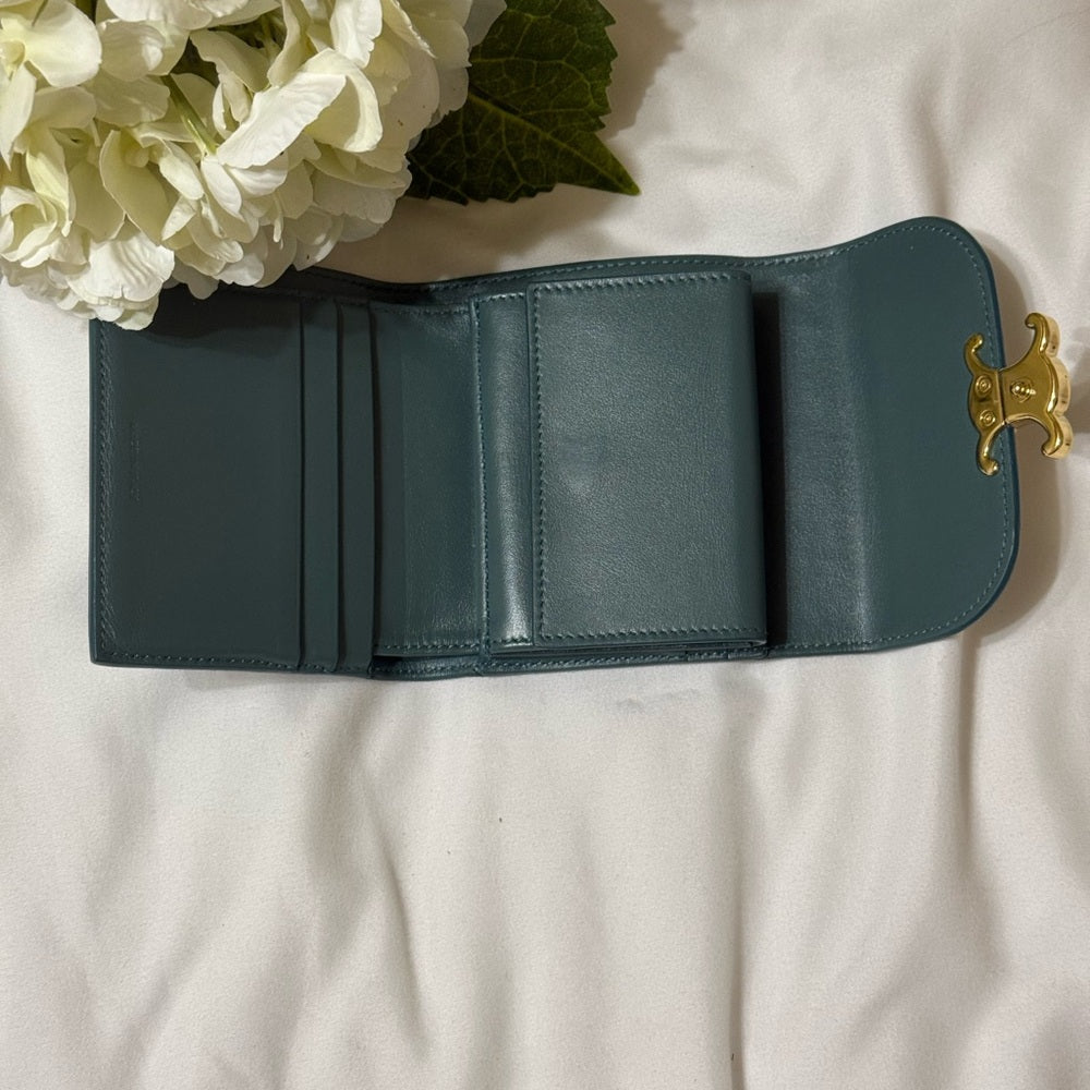 Celine Teal Triomphe Leather Trifold Wallet