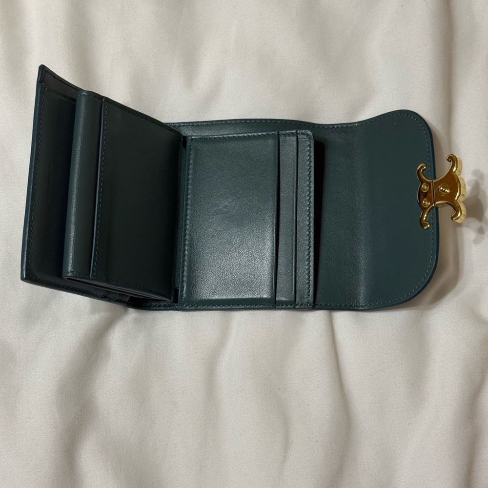 Celine Teal Triomphe Leather Trifold Wallet