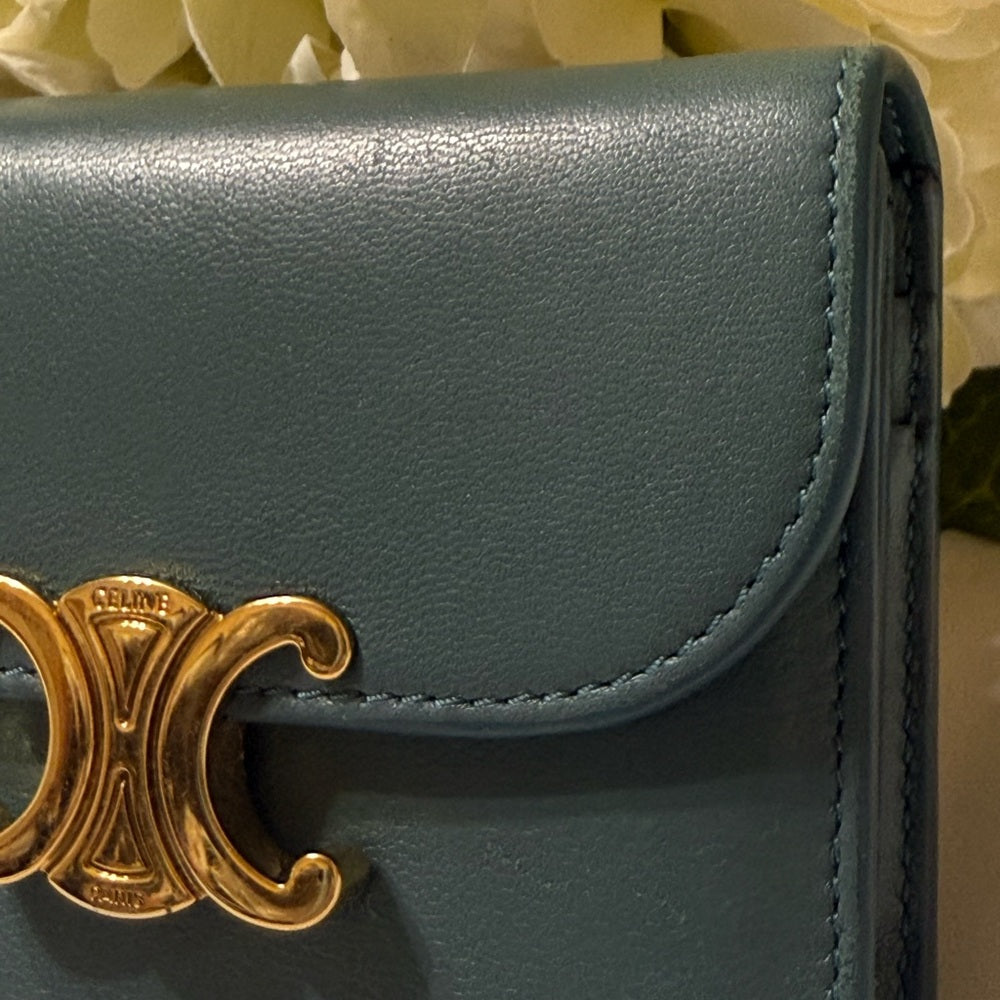 Celine Teal Triomphe Leather Trifold Wallet