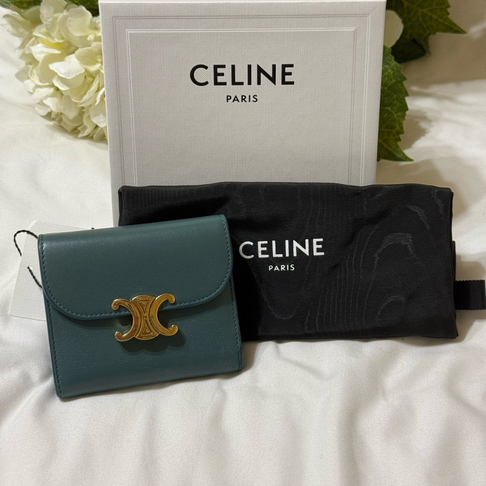 Celine Teal Triomphe Leather Trifold Wallet