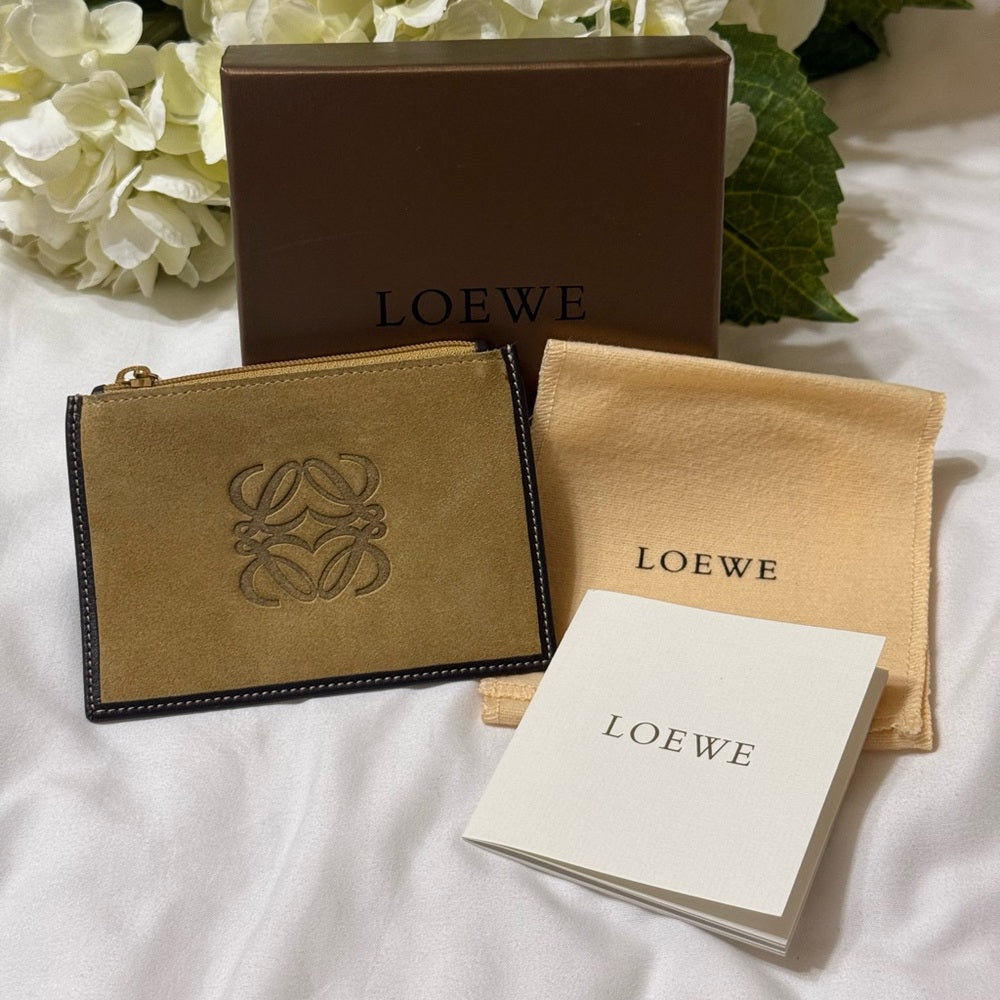 New Loewe Tan Suede and Dark Brown Leather Card Holder