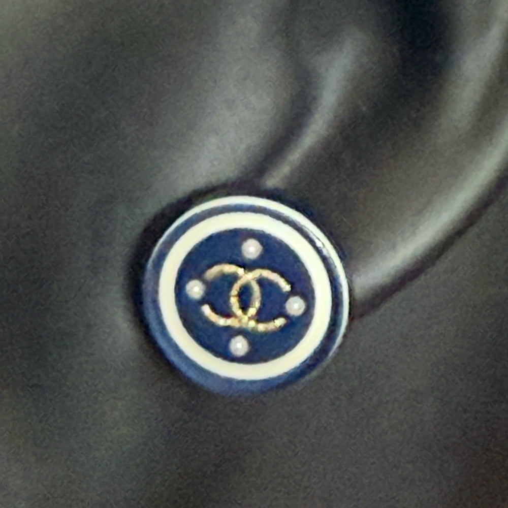 Chanel Vintage CC Pearl and Gold Blue Button Earrings