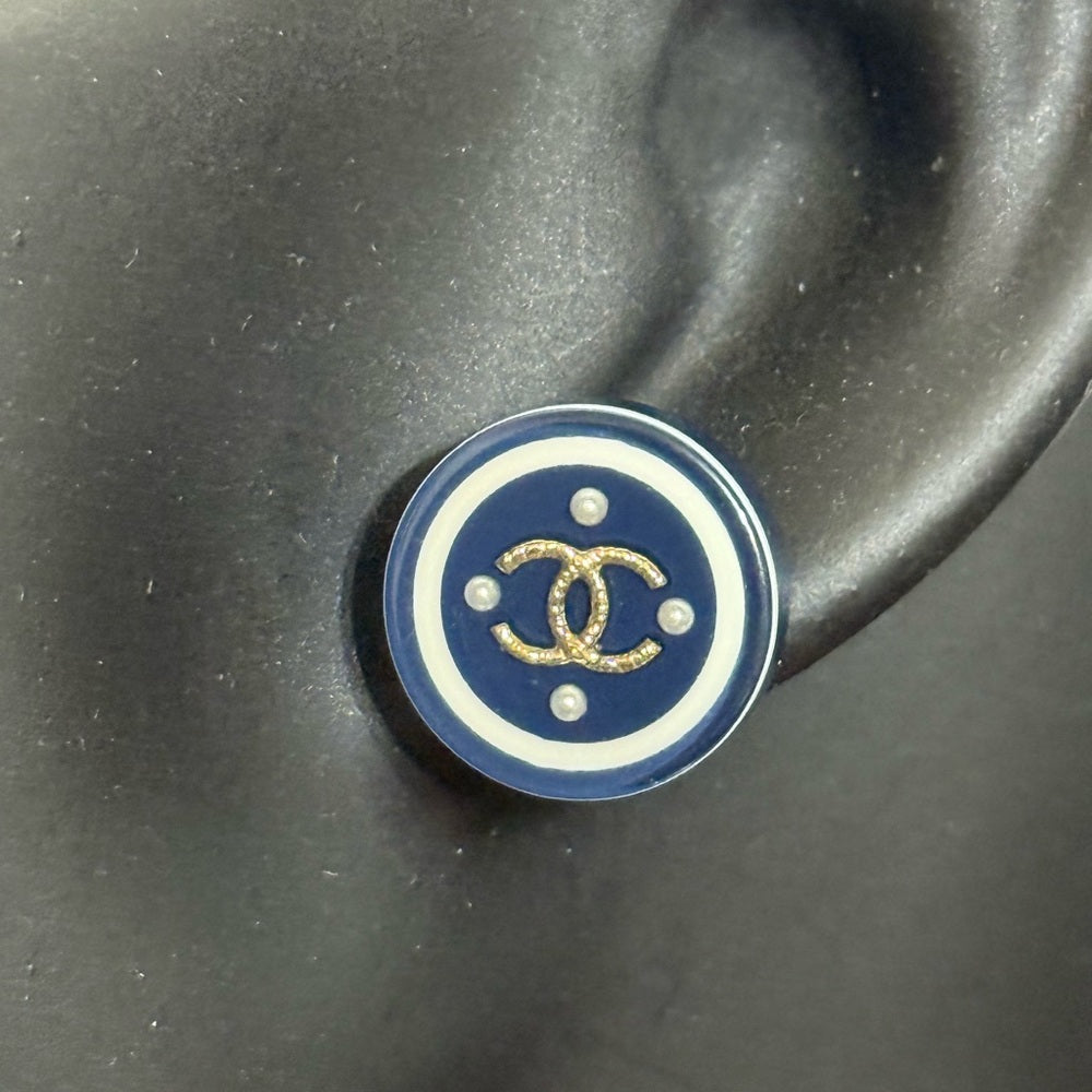 Chanel Vintage CC Pearl and Gold Blue Button Earrings