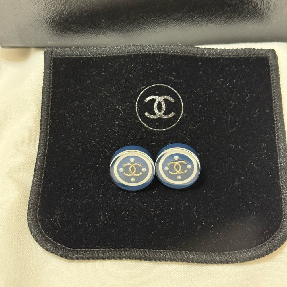Chanel Vintage CC Pearl and Gold Blue Button Earrings