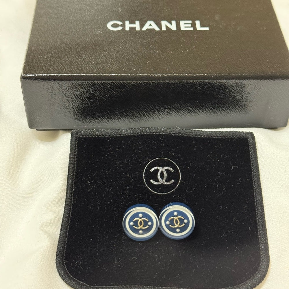 Chanel Vintage CC Pearl and Gold Blue Button Earrings