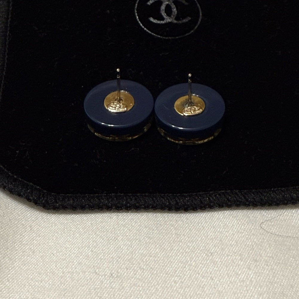 Chanel Vintage CC Pearl and Gold Blue Button Earrings