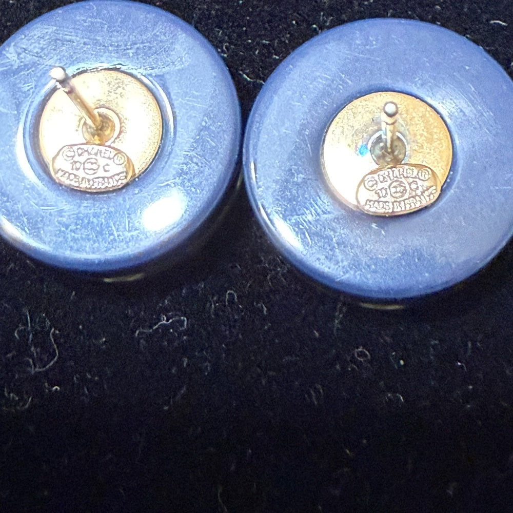 Chanel Vintage CC Pearl and Gold Blue Button Earrings