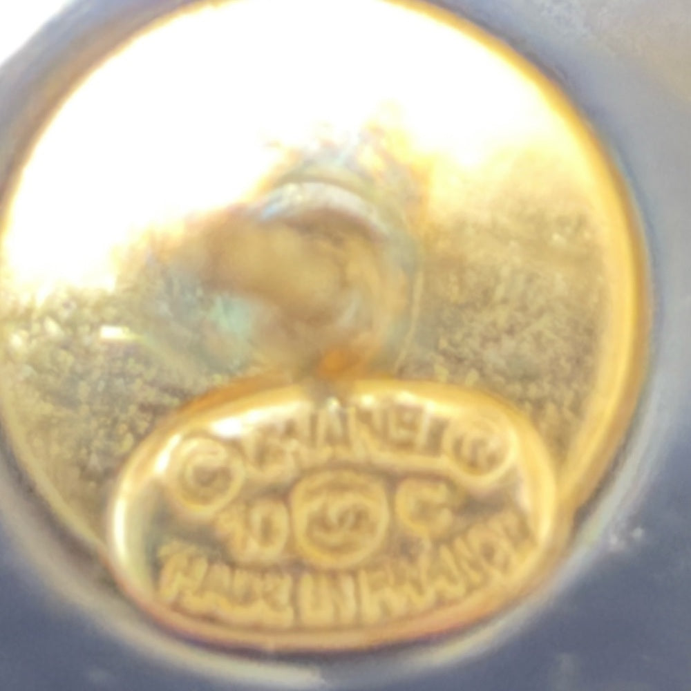 Chanel Vintage CC Pearl and Gold Blue Button Earrings