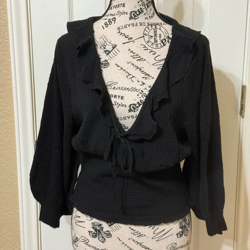 NWT Free People Billy Pointelle Knit Smocked Ruffled Blouse