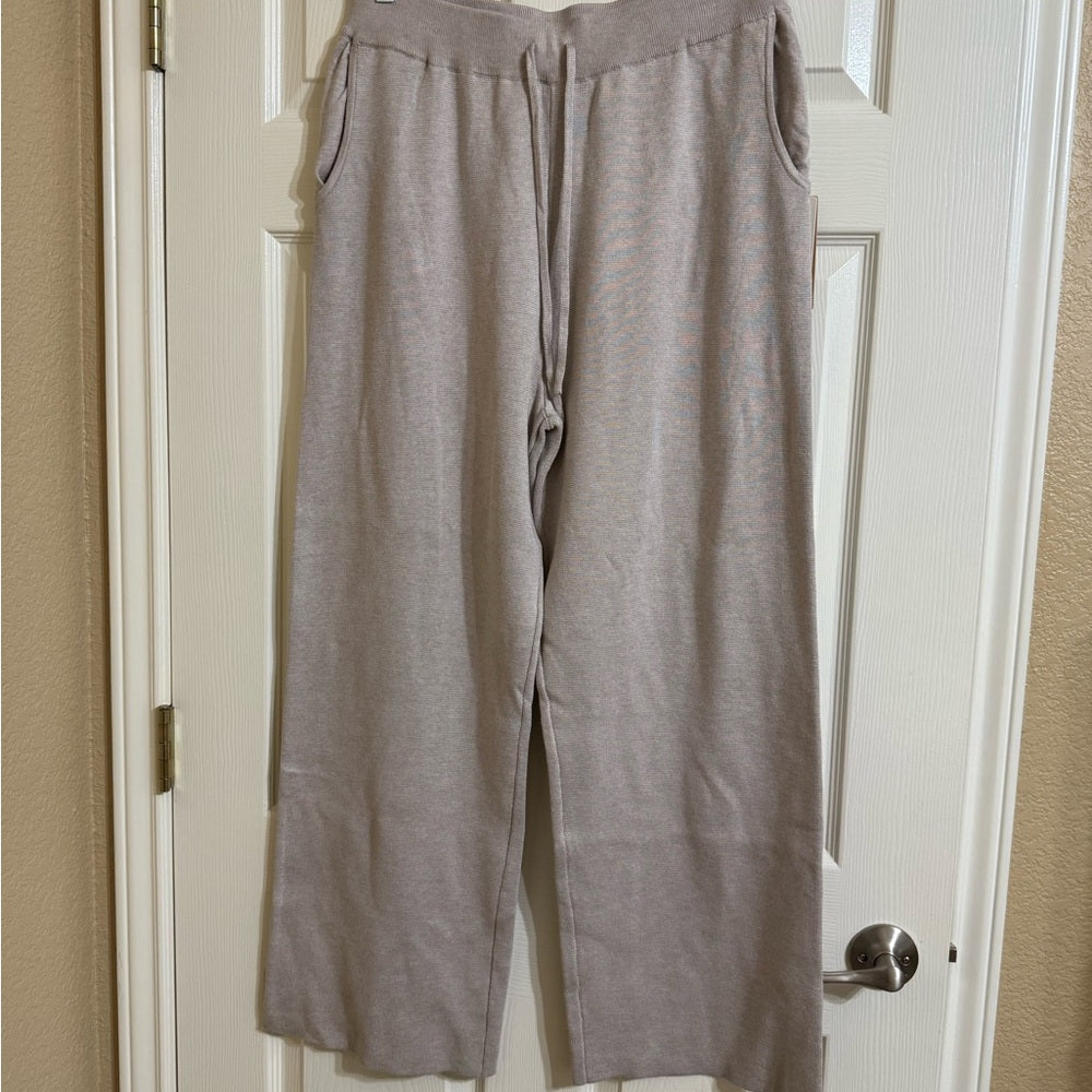 NWT Cyrus Women's Beige Knit Lounge Set Sleeveless Top Wide Leg Pants Large