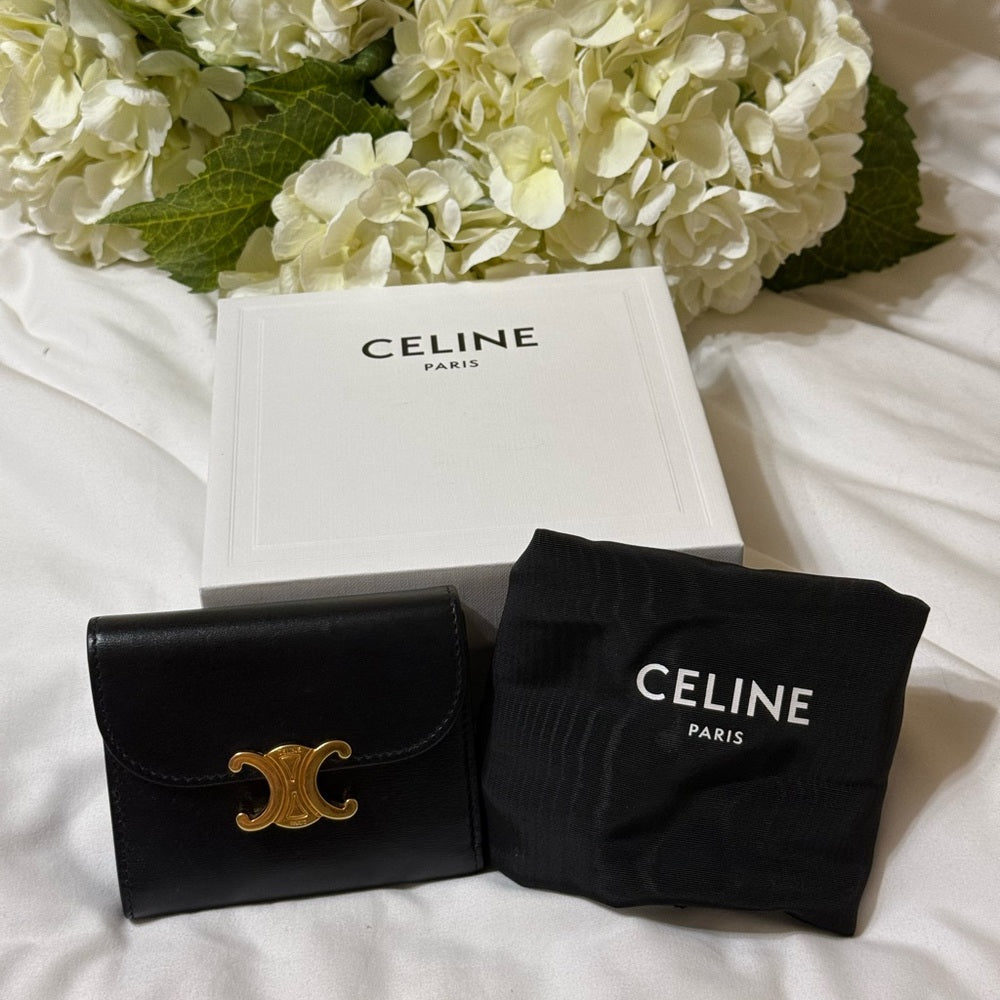 Celine Black Calfskin Triomphe Trifold Wallet