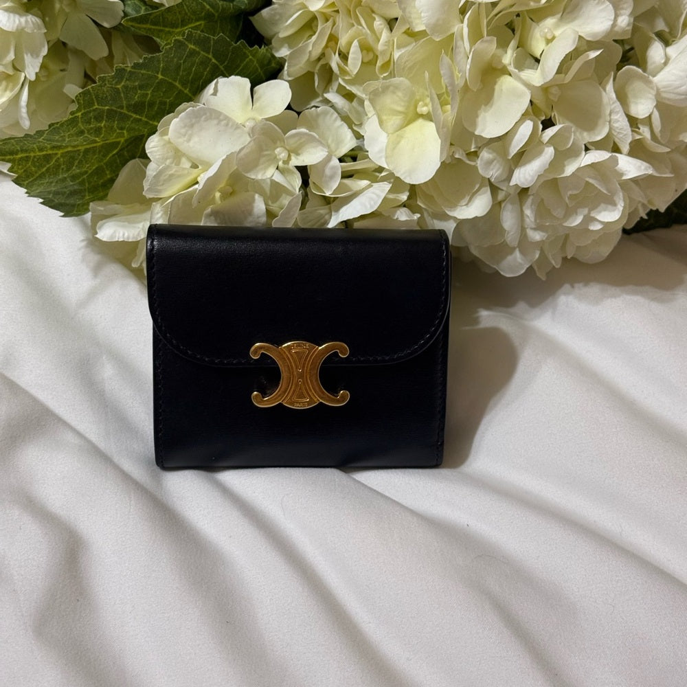 Celine Black Calfskin Triomphe Trifold Wallet