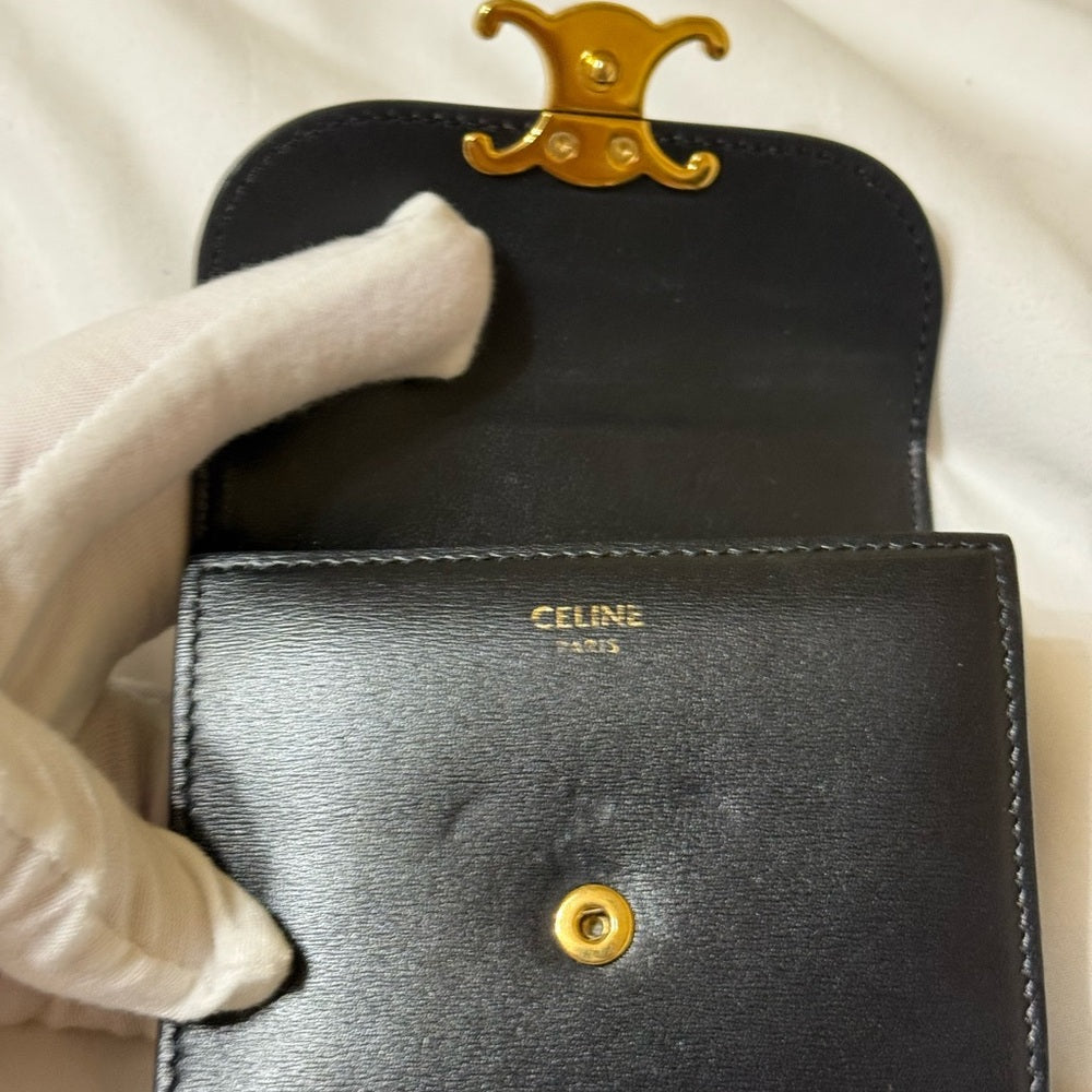 Celine Black Calfskin Triomphe Trifold Wallet