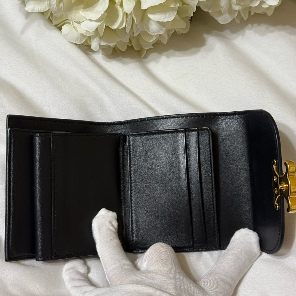 Celine Black Calfskin Triomphe Trifold Wallet