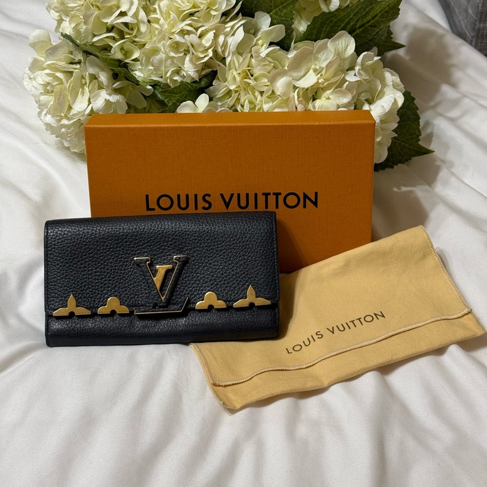 Louis Vuitton Black Leather Capucine Flowers Wallet