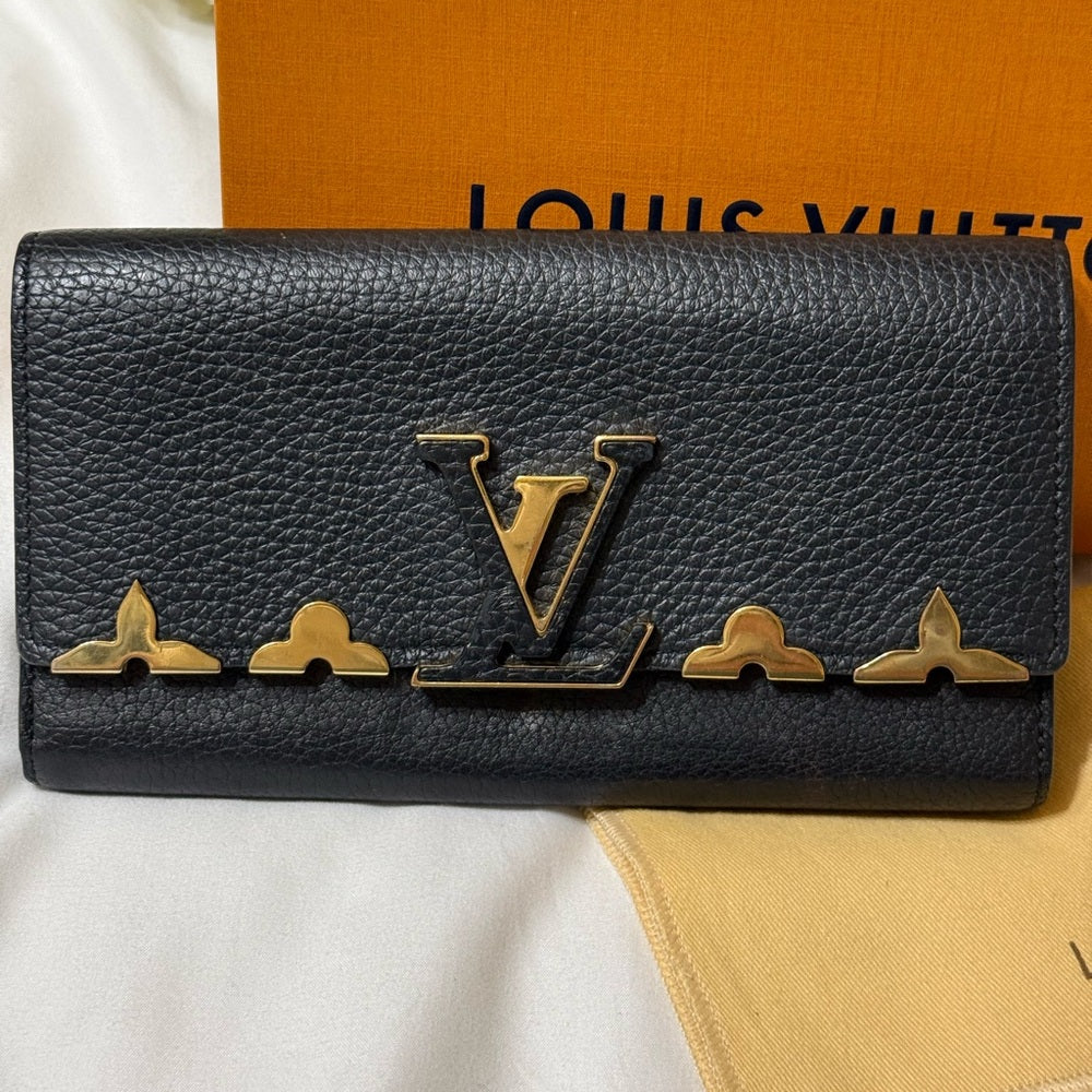 Louis Vuitton Black Leather Capucine Flowers Wallet