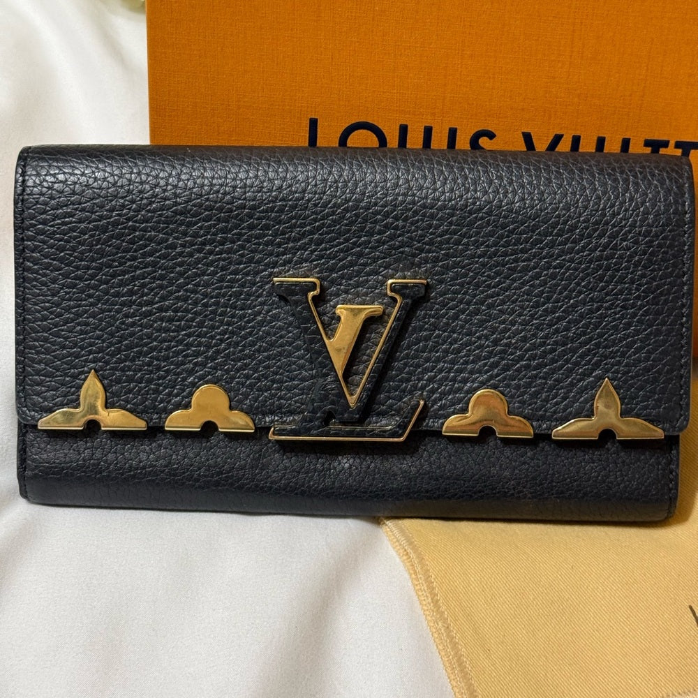 Louis Vuitton Black Leather Capucine Flowers Wallet