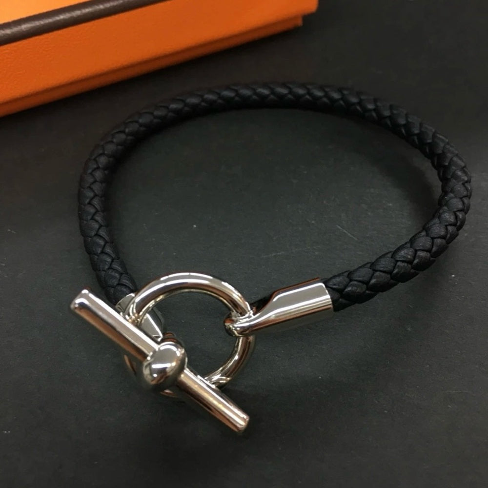 New Hermes Glenan Black Braided Leather Bracelet Silver