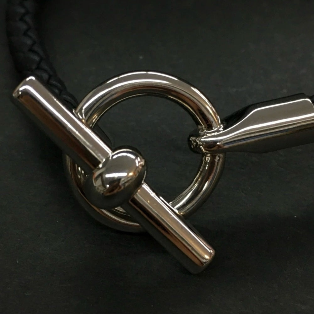 New Hermes Glenan Black Braided Leather Bracelet Silver