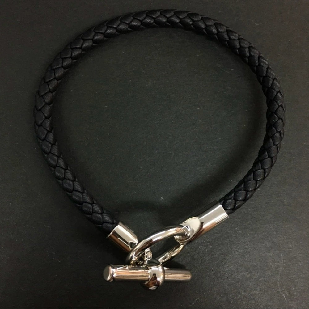 New Hermes Glenan Black Braided Leather Bracelet Silver