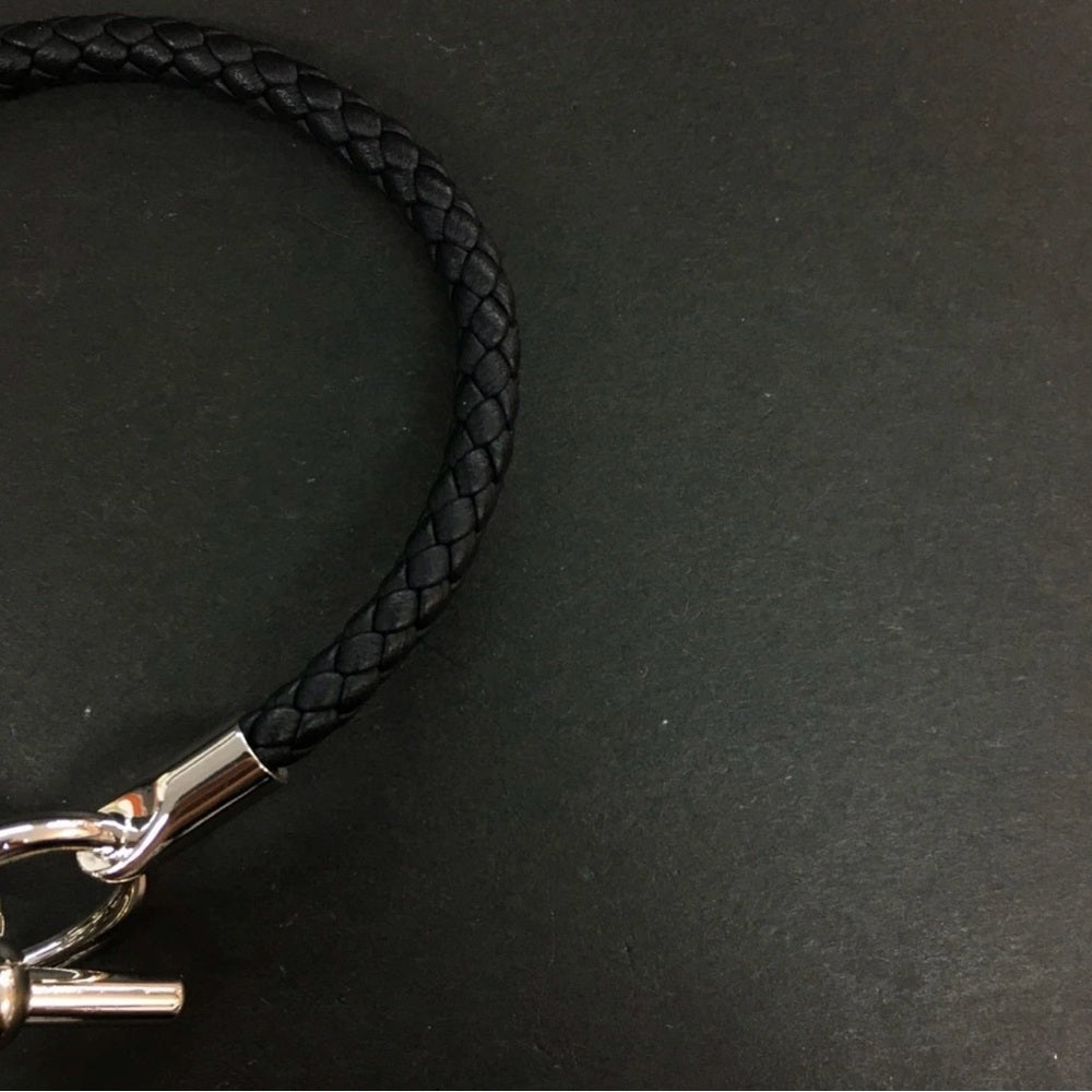 New Hermes Glenan Black Braided Leather Bracelet Silver