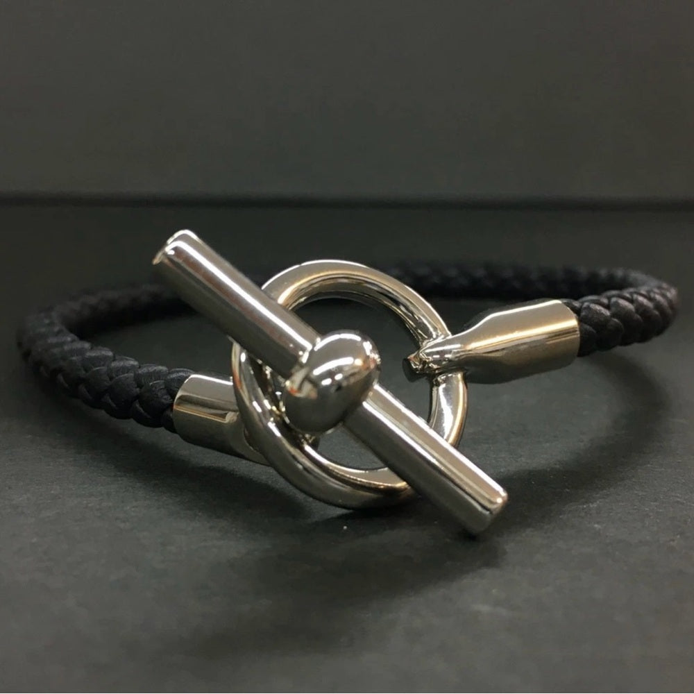 New Hermes Glenan Black Braided Leather Bracelet Silver