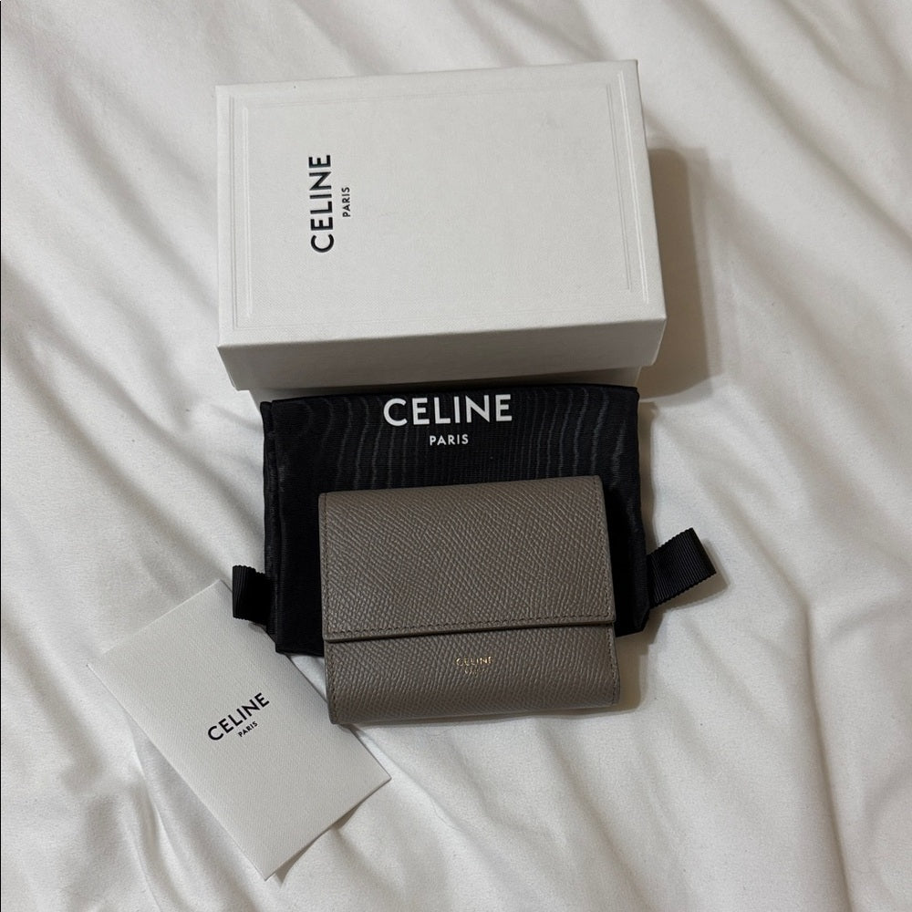 CELINE Small Trifold Wallet in Gray Embossed Calf Leather