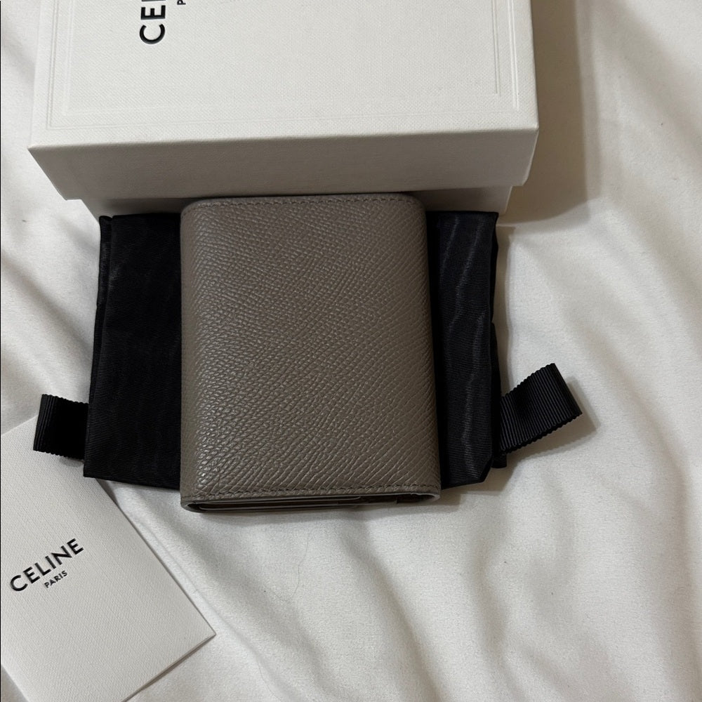 CELINE Small Trifold Wallet in Gray Embossed Calf Leather
