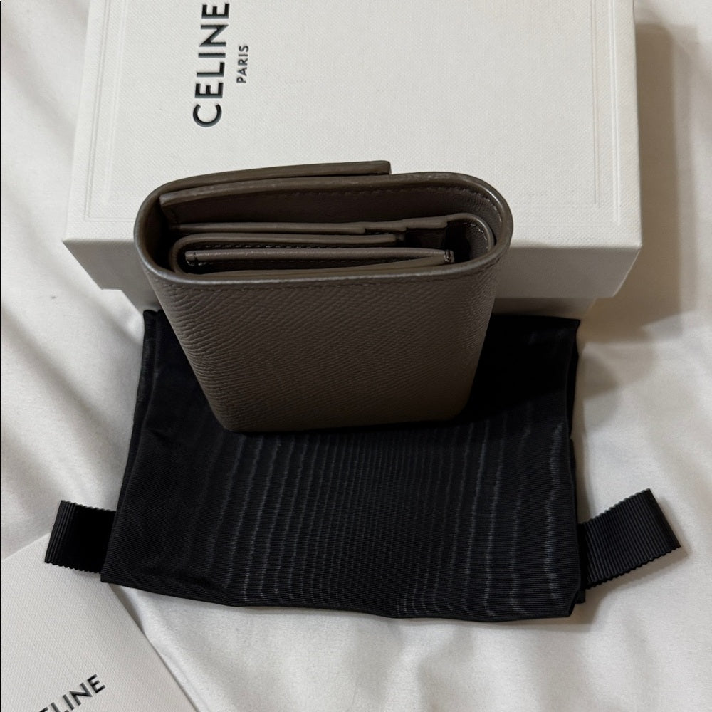 CELINE Small Trifold Wallet in Gray Embossed Calf Leather