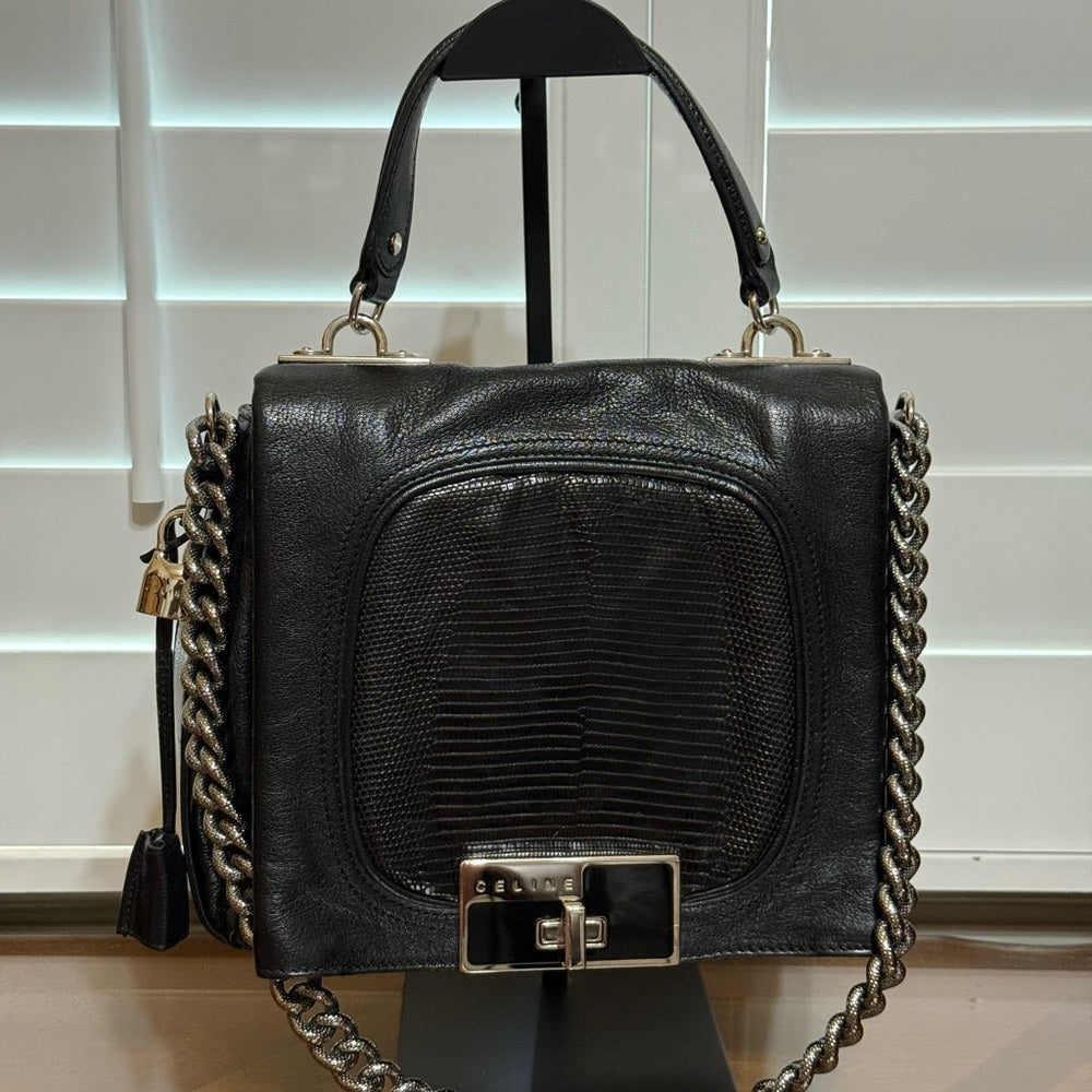 Celine Black Leather Bag with Chain Strap and Lock Set