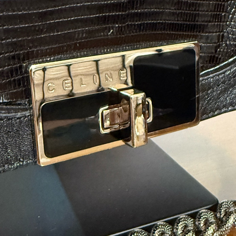 Celine Black Leather Bag with Chain Strap and Lock Set