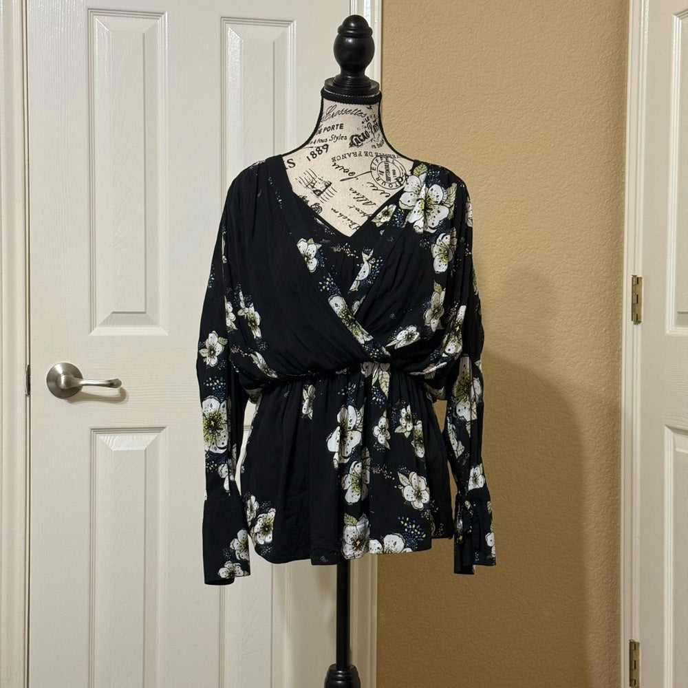 Free People Black Floral Wrap Blouse