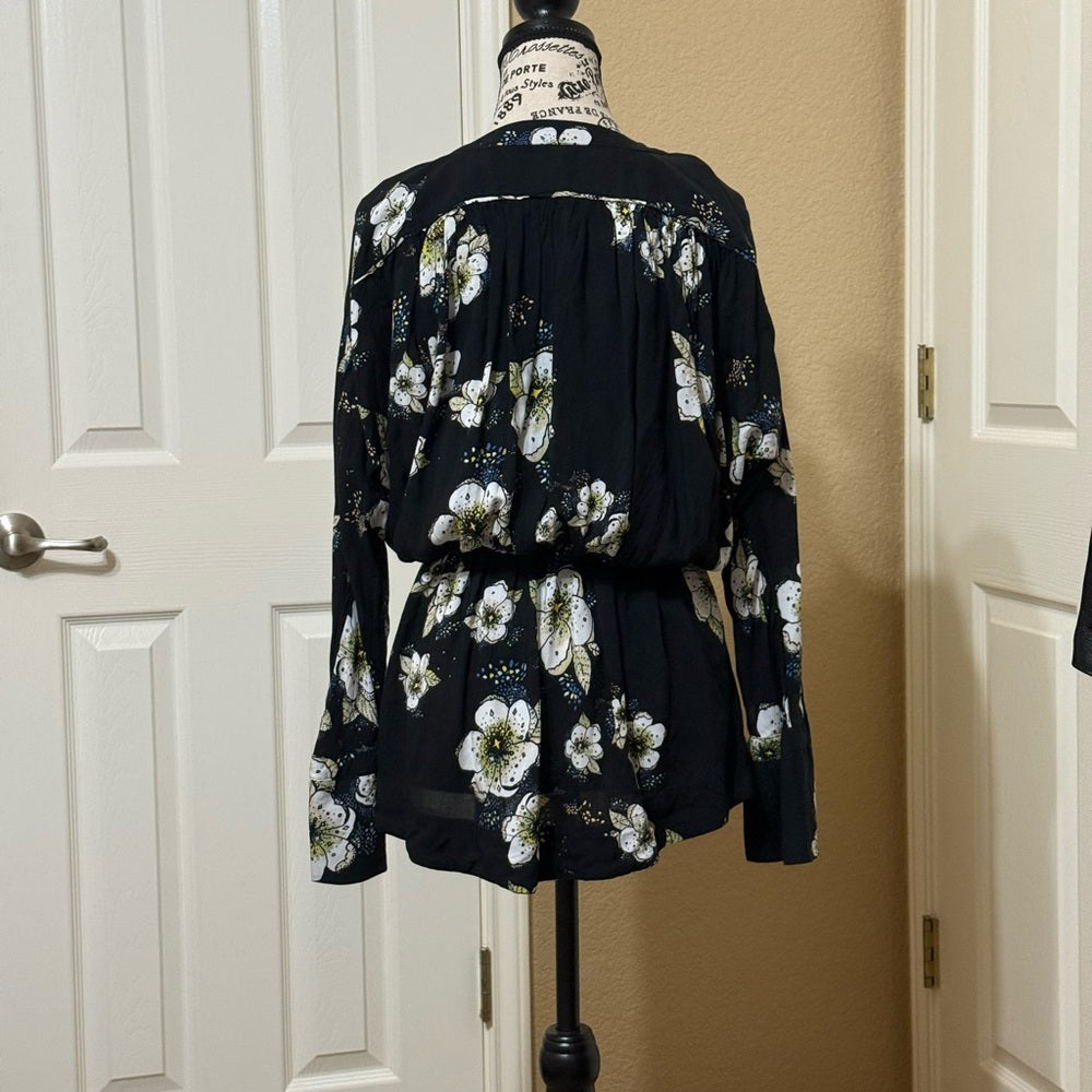 Free People Black Floral Wrap Blouse