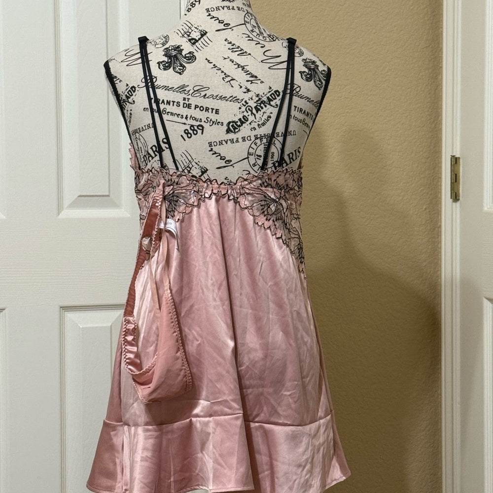 Auden Pink Satin Chemise with Lace Detail