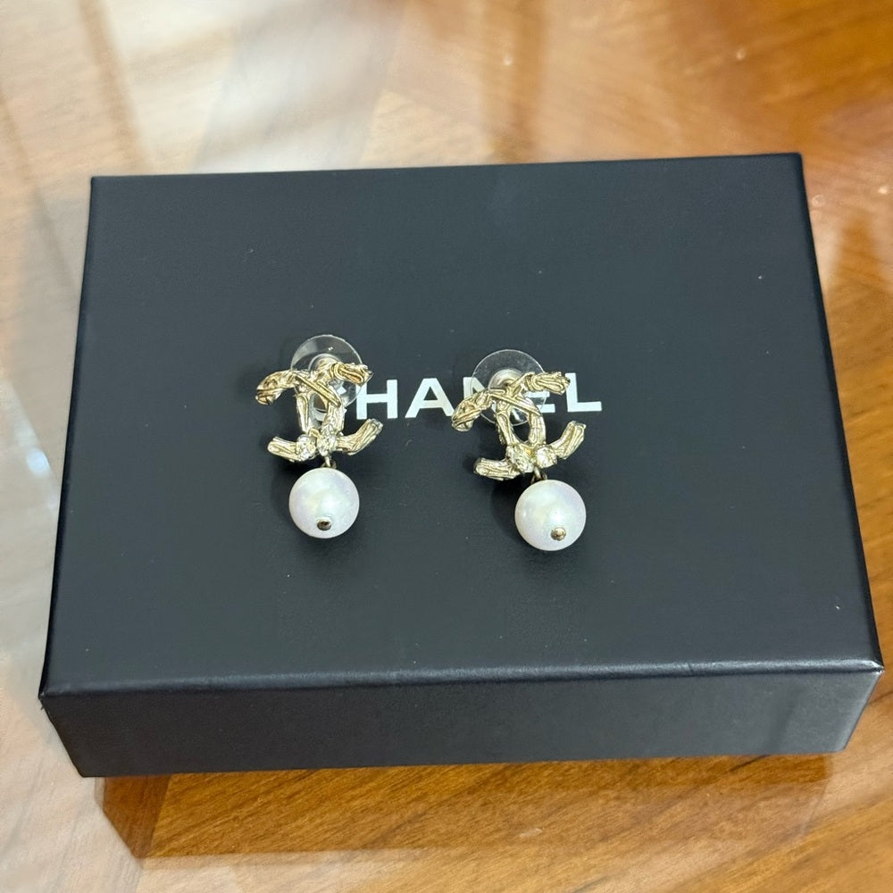 CHANEL Light Gold, Rhinestone, and Pearl Drop Earrings