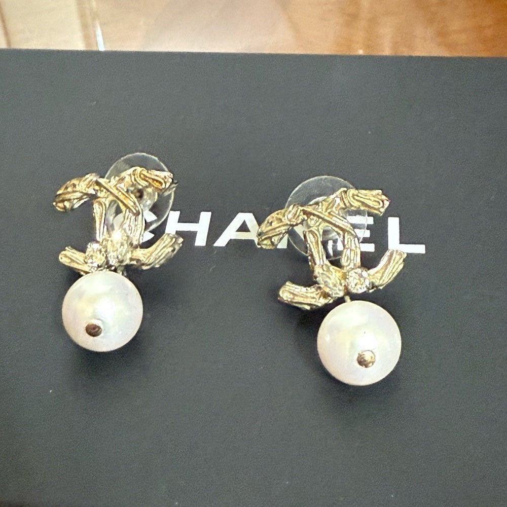 CHANEL Light Gold, Rhinestone, and Pearl Drop Earrings
