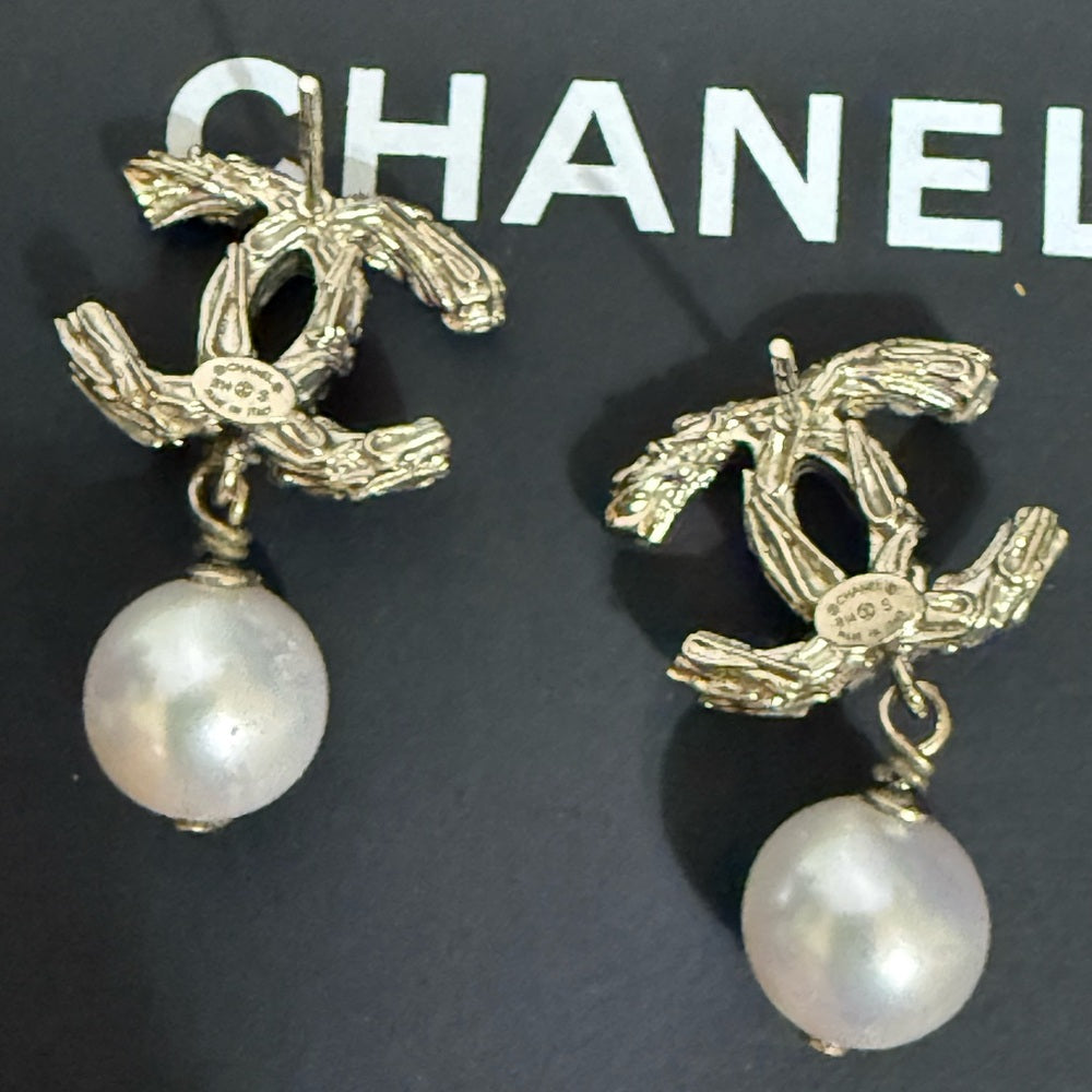 CHANEL Light Gold, Rhinestone, and Pearl Drop Earrings