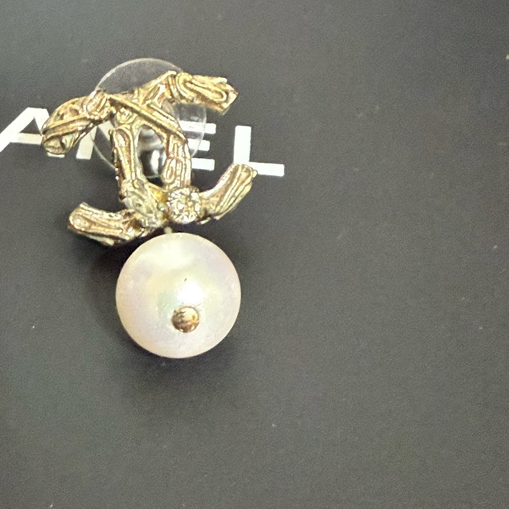 CHANEL Light Gold, Rhinestone, and Pearl Drop Earrings