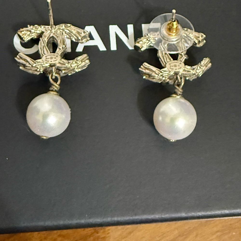 CHANEL Light Gold, Rhinestone, and Pearl Drop Earrings