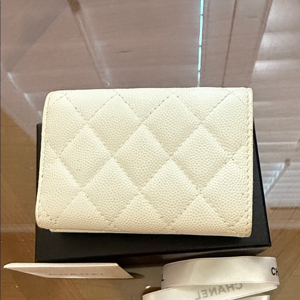 Chanel White Caviar Quilted Trifold Wallet
