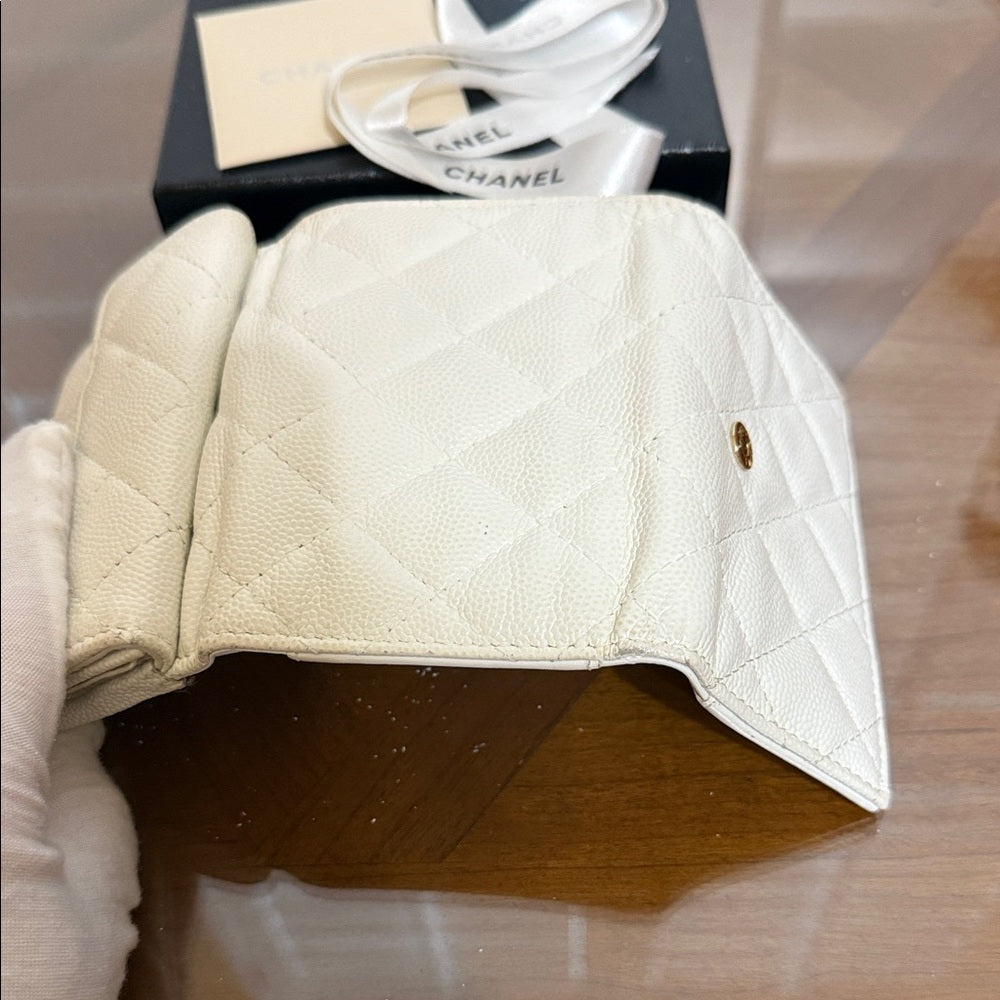 Chanel White Caviar Quilted Trifold Wallet