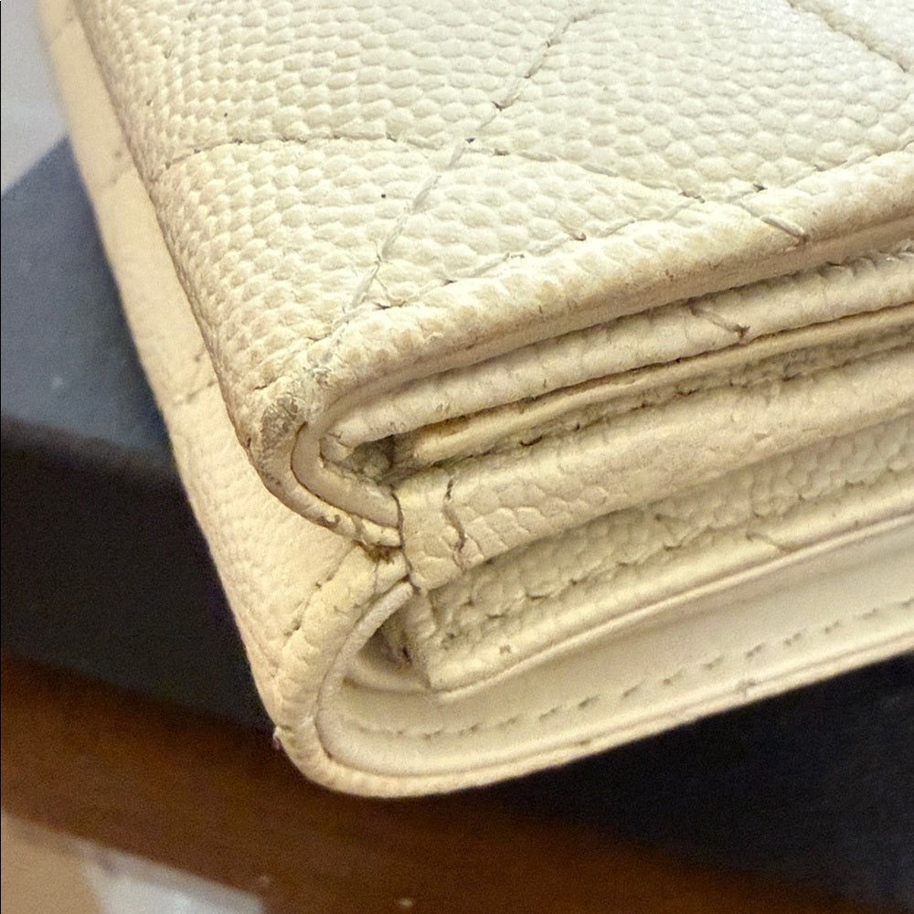 Chanel White Caviar Quilted Trifold Wallet