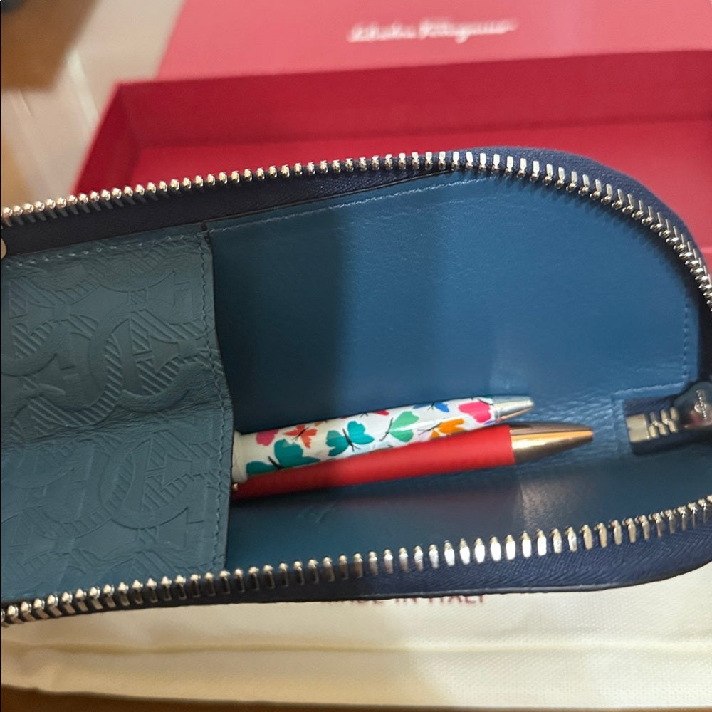 New Salvatore Ferragamo Teal Embossed Leather Case