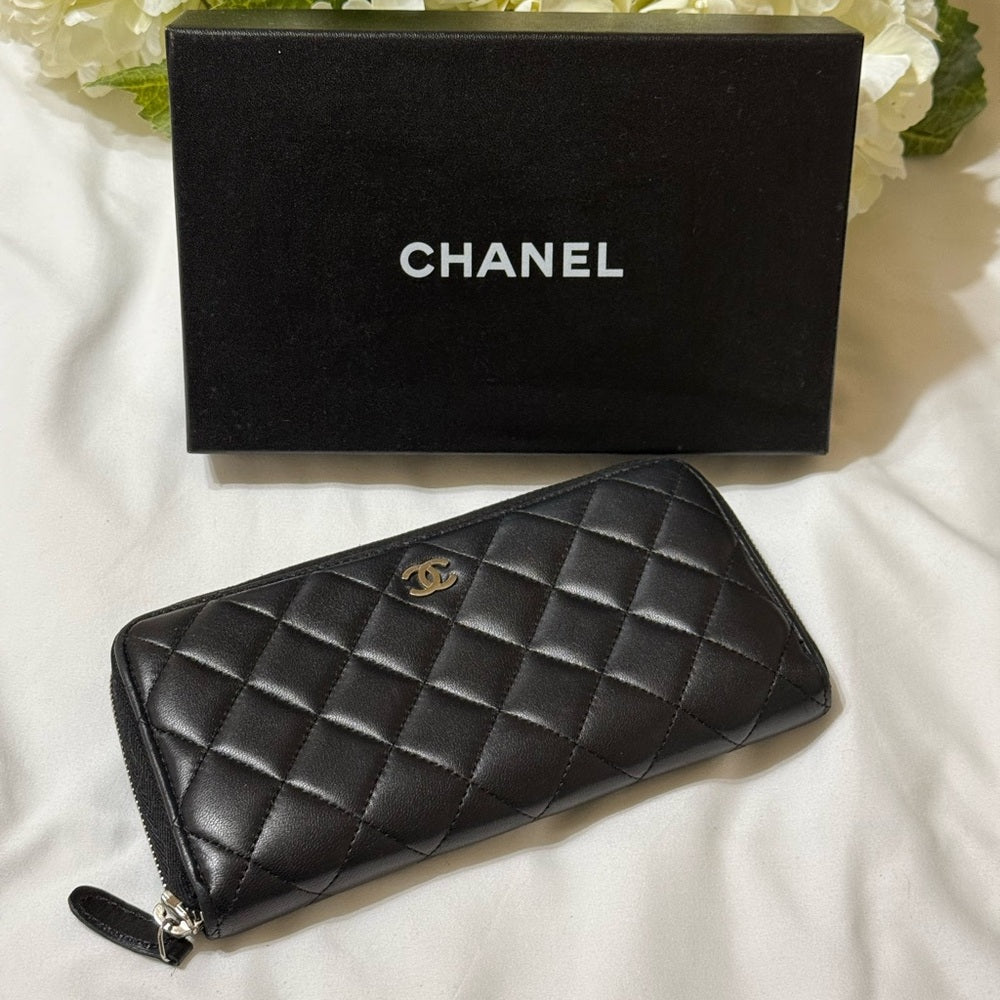 CHANEL Black Matelasse Lambskin Zip Around Wallet
