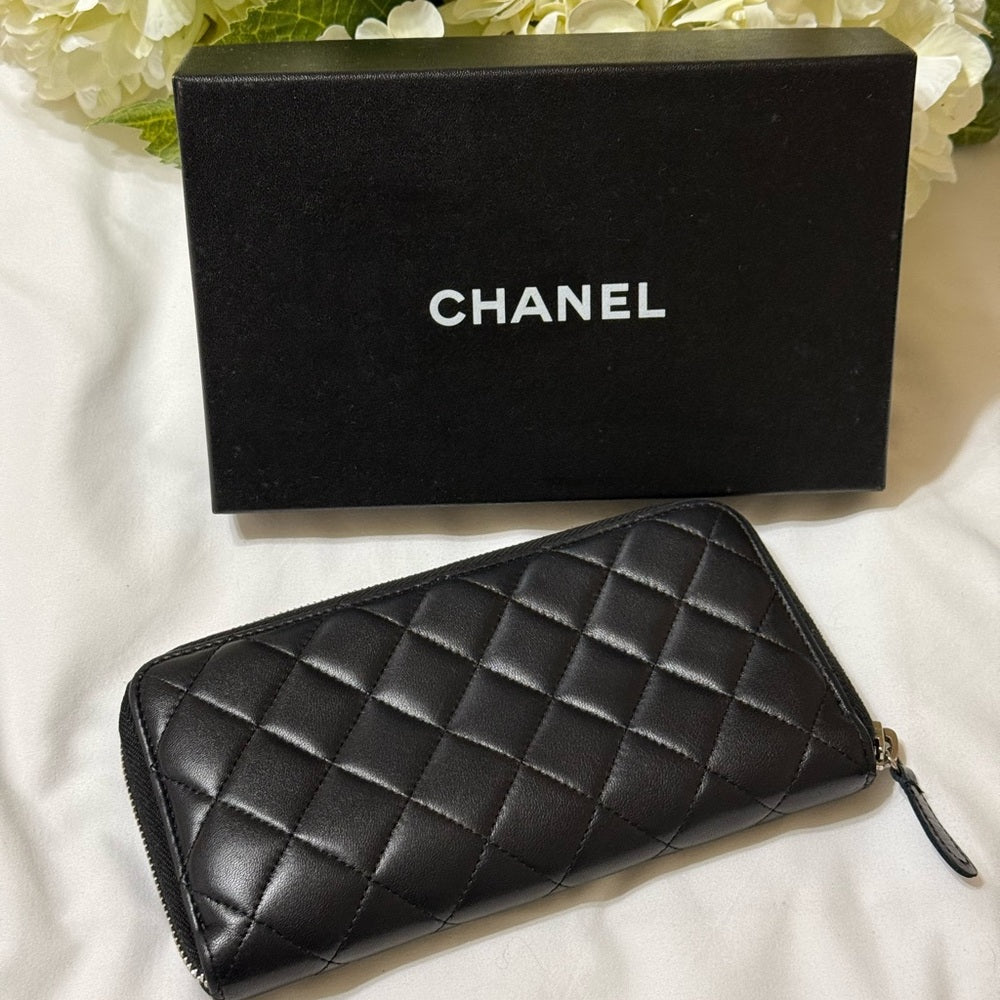 CHANEL Black Matelasse Lambskin Zip Around Wallet