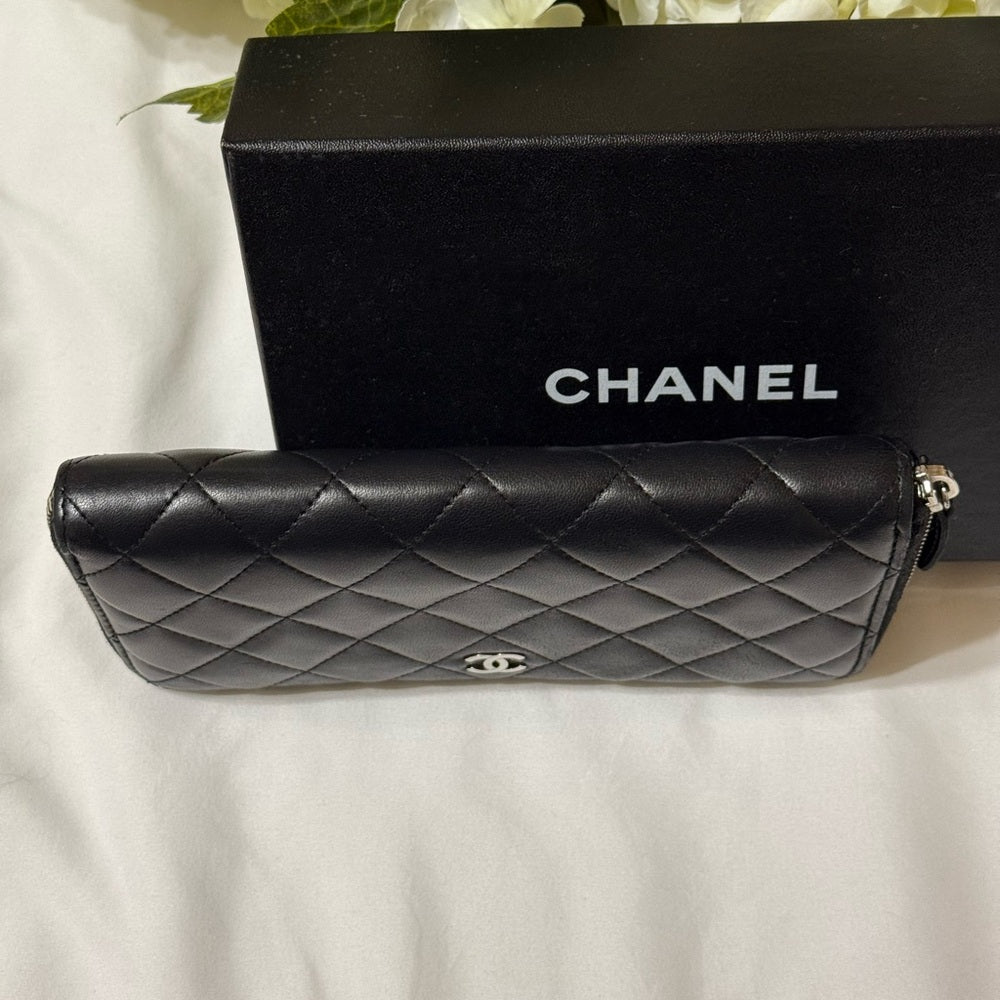 CHANEL Black Matelasse Lambskin Zip Around Wallet