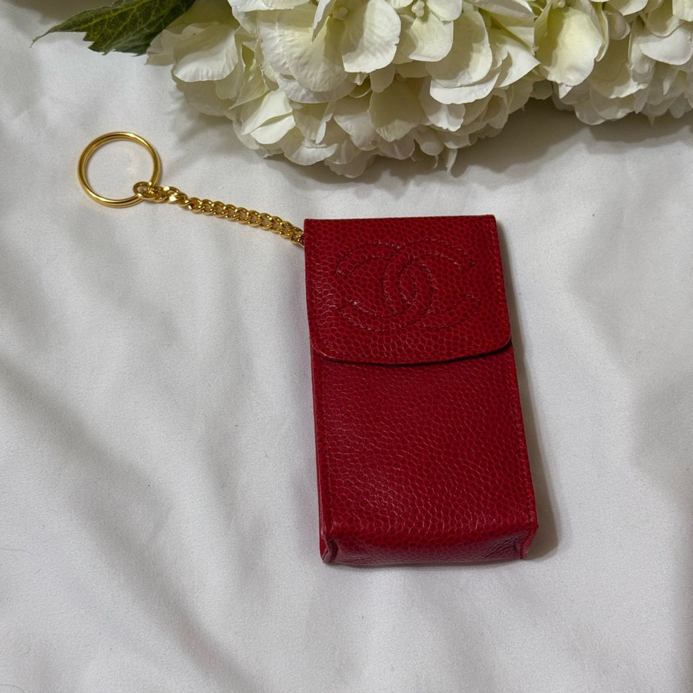 CHANEL Vibrant Red Caviar Leather Case With Chain