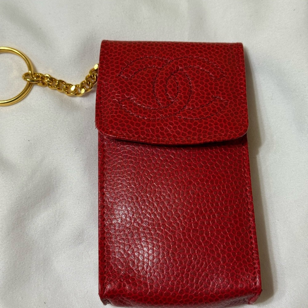 CHANEL Vibrant Red Caviar Leather Case With Chain
